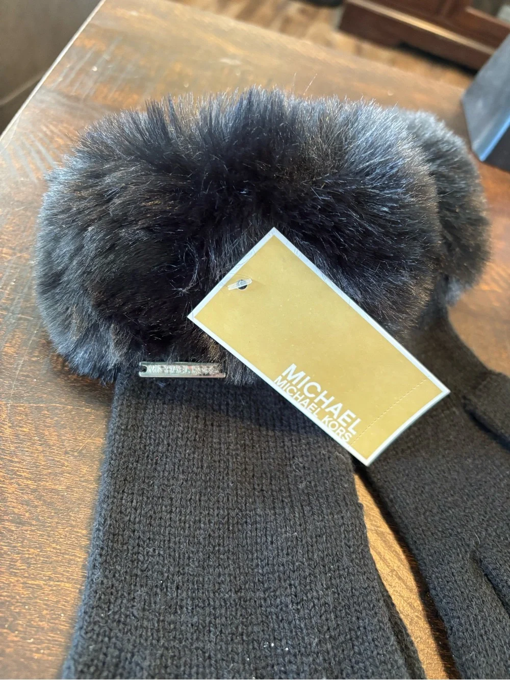 Women’s Michael Kors Black Knit Gloves with Faux Fur Trim